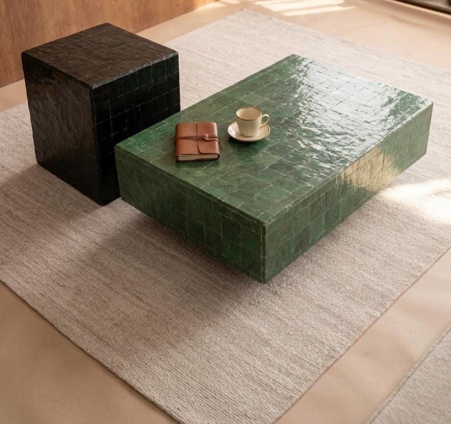 One of a Kind Zellige Coffee Table Rectangular | Hand-Set Moroccan Mosaic Tile | Artisan Made in Morocco