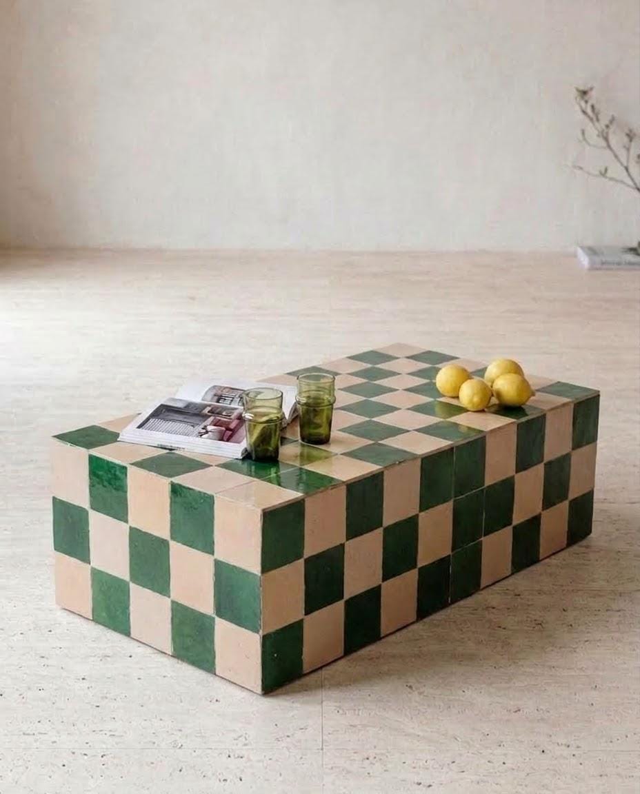 Moroccan Tiled Coffee Table | Rectangular Zellige Mosaic | Handcrafted Wood Base | Boho Living Room Decor
