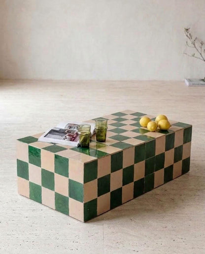 Moroccan Tiled Coffee Table | Rectangular Zellige Mosaic | Handcrafted Wood Base | Boho Living Room Decor