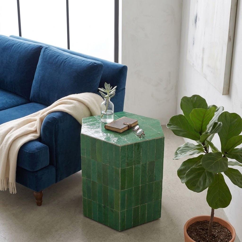 Hexagon Zellige Side Table | Moroccan Mosaic Pedestal Table | Handmade Tile Accent Table, Custom Size