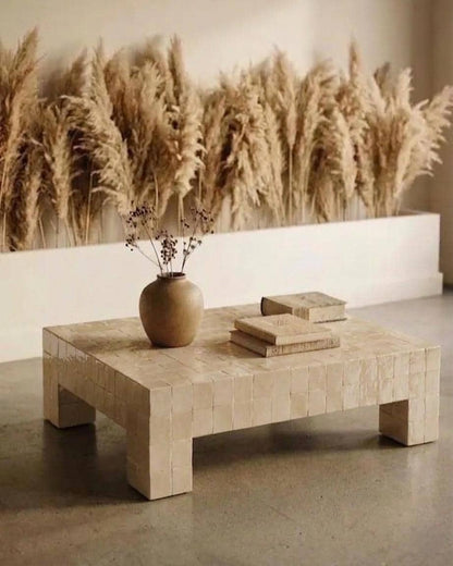 Handcrafted Moroccan Zellige Coffee Table – Beige Clay Tile, Customizable Size