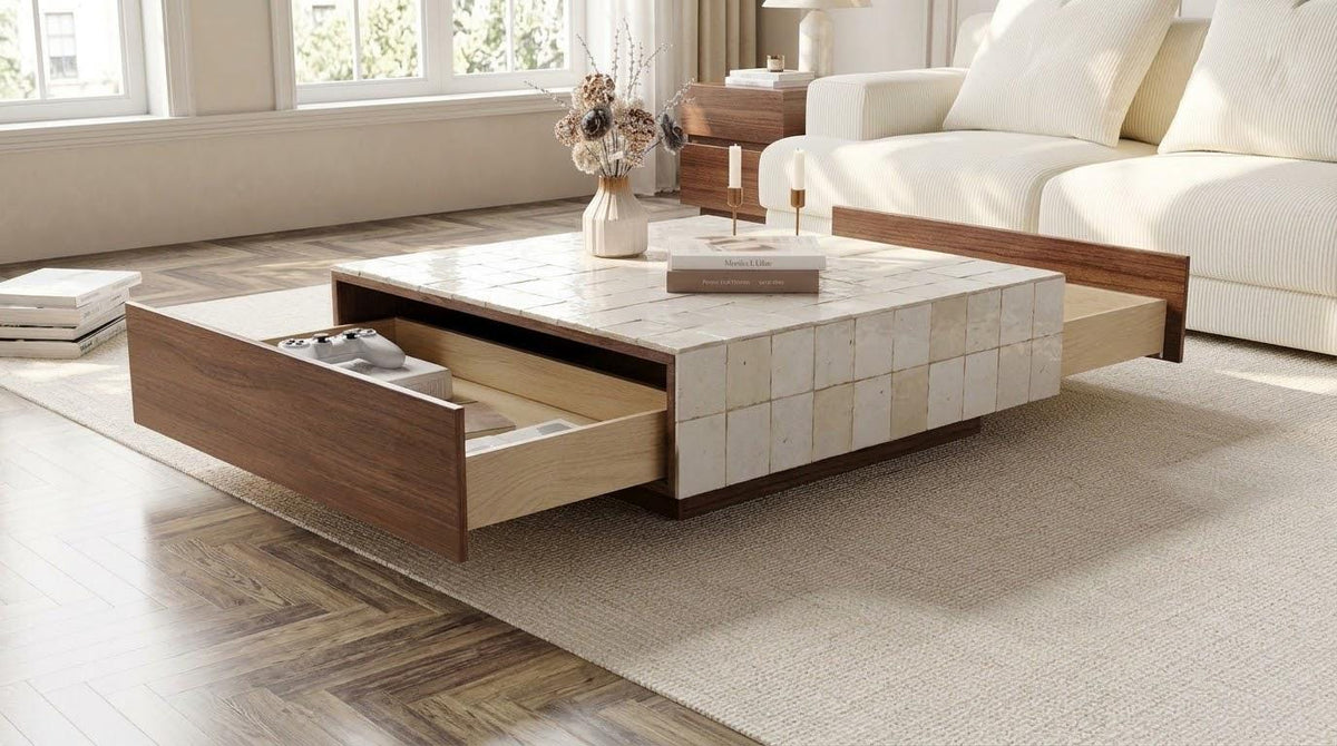 Square Coffee Table with Drawers | Mosaic Tile Top, Solid Wood Storage Base | Handmade Moroccan Furniture