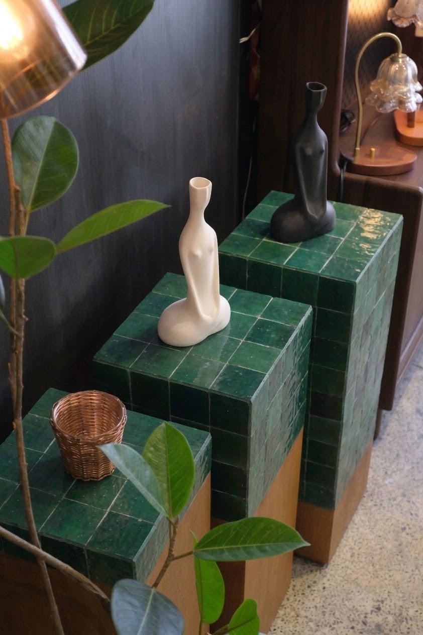 Zellige Pedestal Stands, Set of 3 | Handmade Mosaic Tile Display Columns | Moroccan Wood Base Furniture