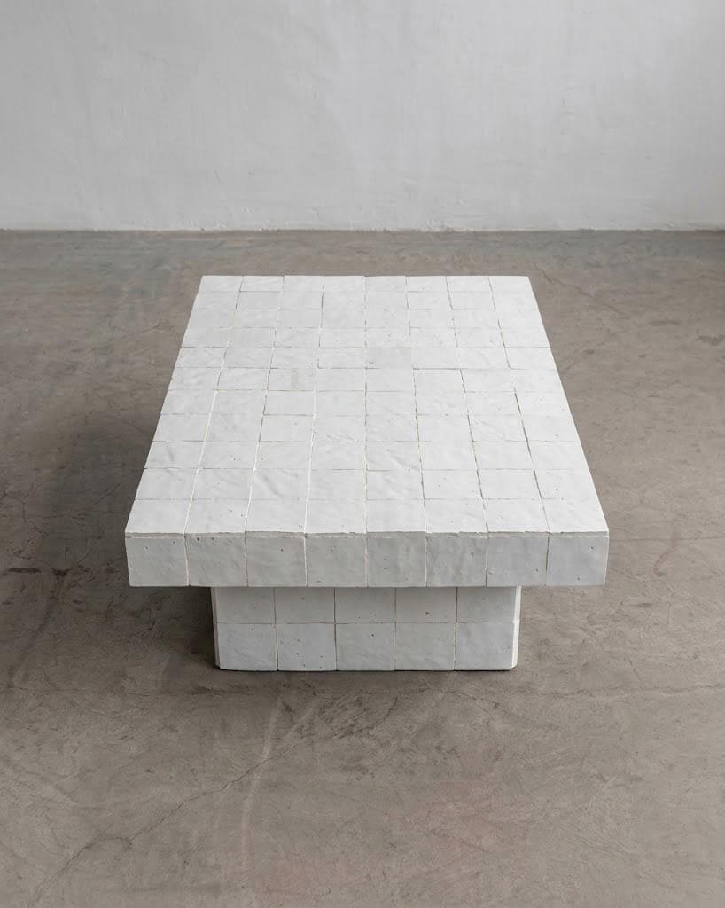 Handmade Moroccan Zellige Coffee Table: Seamless Tile Plinth, Custom Sizing