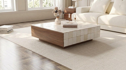 Square Coffee Table with Drawers | Mosaic Tile Top, Solid Wood Storage Base | Handmade Moroccan Furniture