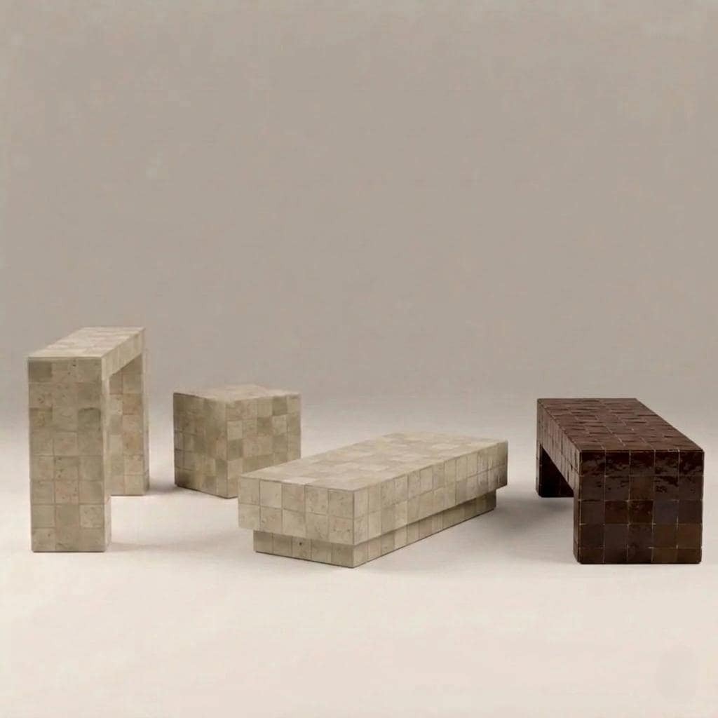Handmade Beige Zellige Mosaic Coffee Table | Moroccan Wood Base, Custom Color