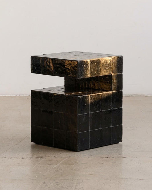 Zellige Side Table with Shelf | Handmade Moroccan Mosaic Tile | Staggered Block Design, Custom Color