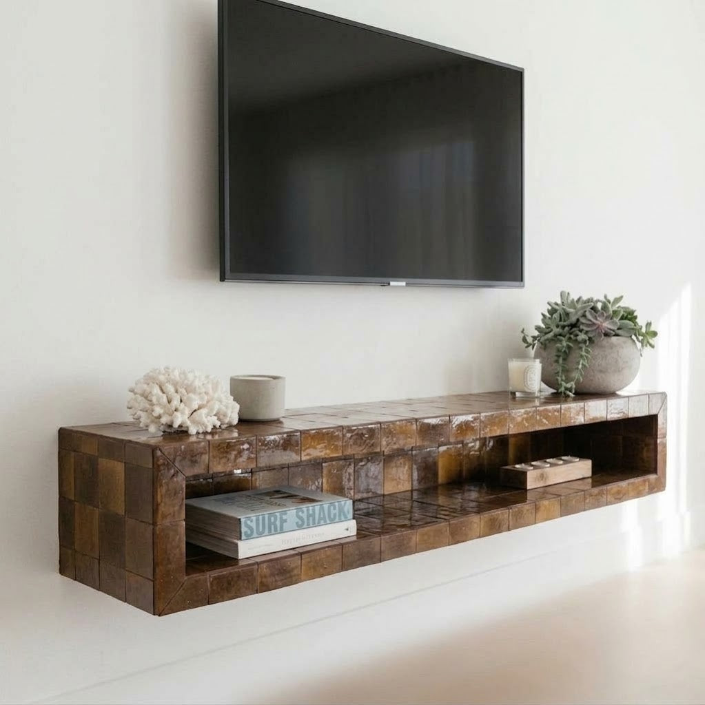 Chunky Zellige Wall Shelf, Handmade Moroccan Tile Floating Block, TV Console Shelf, Custom Length