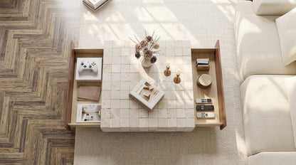 Square Coffee Table with Drawers | Mosaic Tile Top, Solid Wood Storage Base | Handmade Moroccan Furniture