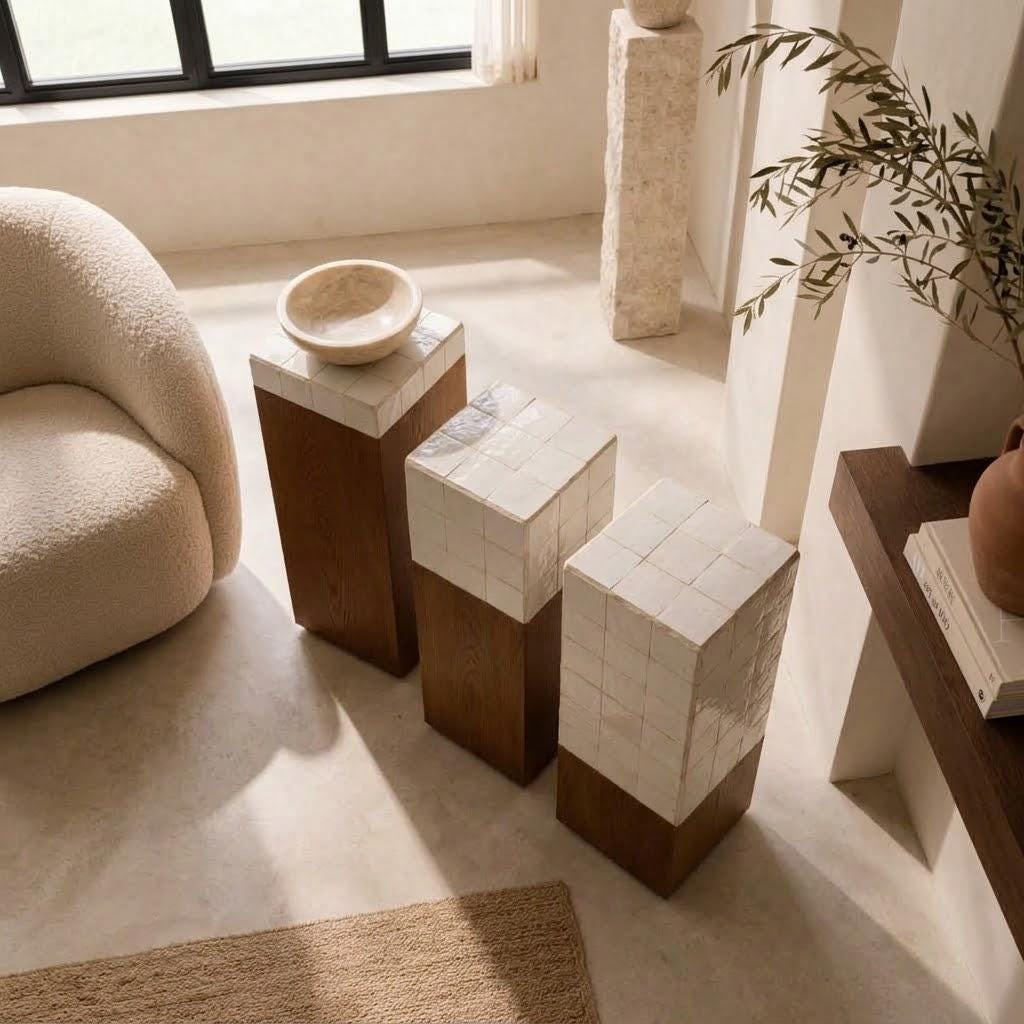 Zellige Pedestal Stands, Set of 3 | Handmade Mosaic Tile Display Columns | Moroccan Wood Base Furniture