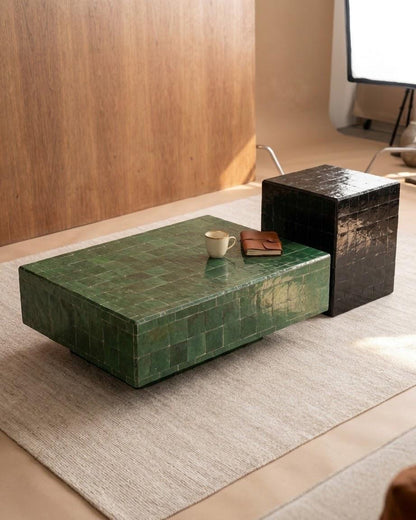One of a Kind Zellige Coffee Table Rectangular | Hand-Set Moroccan Mosaic Tile | Artisan Made in Morocco