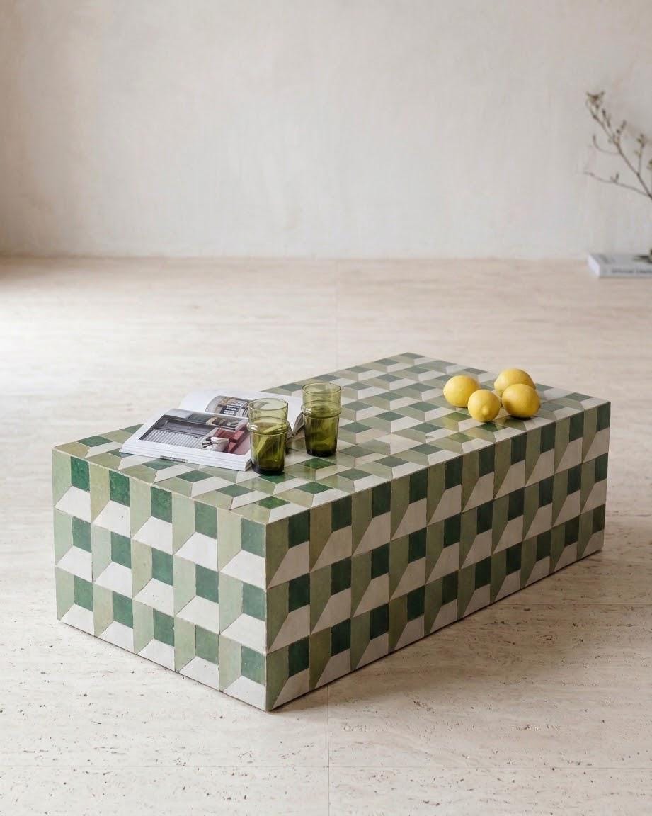 Moroccan Mosaic Tiled Coffee Table | Rectangular Zellige Design | Modern Boho Statement Piece