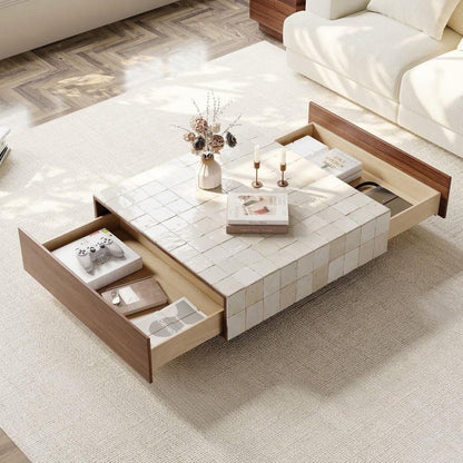 Square Coffee Table with Drawers | Mosaic Tile Top, Solid Wood Storage Base | Handmade Moroccan Furniture