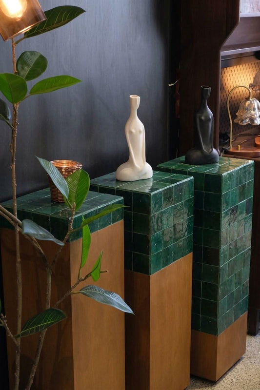 Zellige Pedestal Stands, Set of 3 | Handmade Mosaic Tile Display Columns | Moroccan Wood Base Furniture