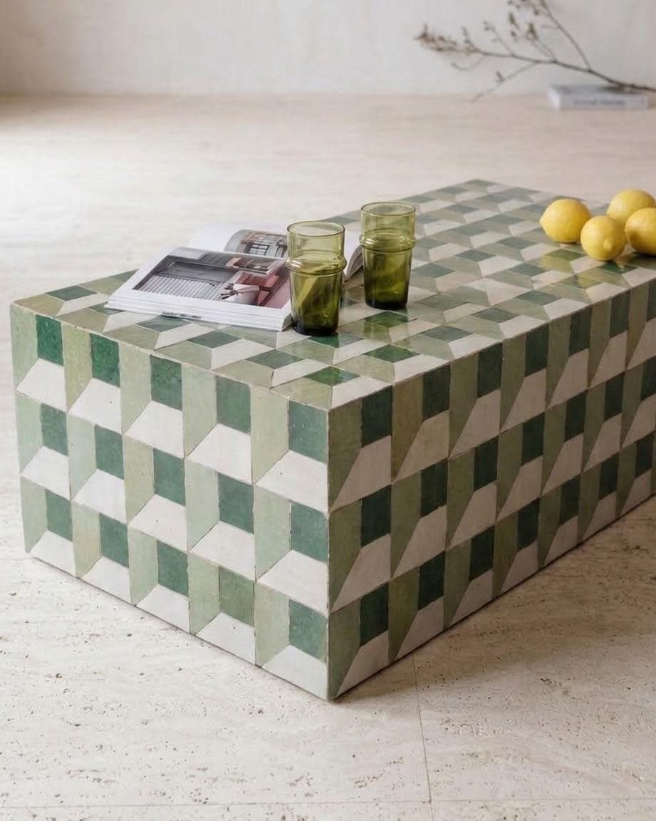 Moroccan Mosaic Tiled Coffee Table | Rectangular Zellige Design | Modern Boho Statement Piece