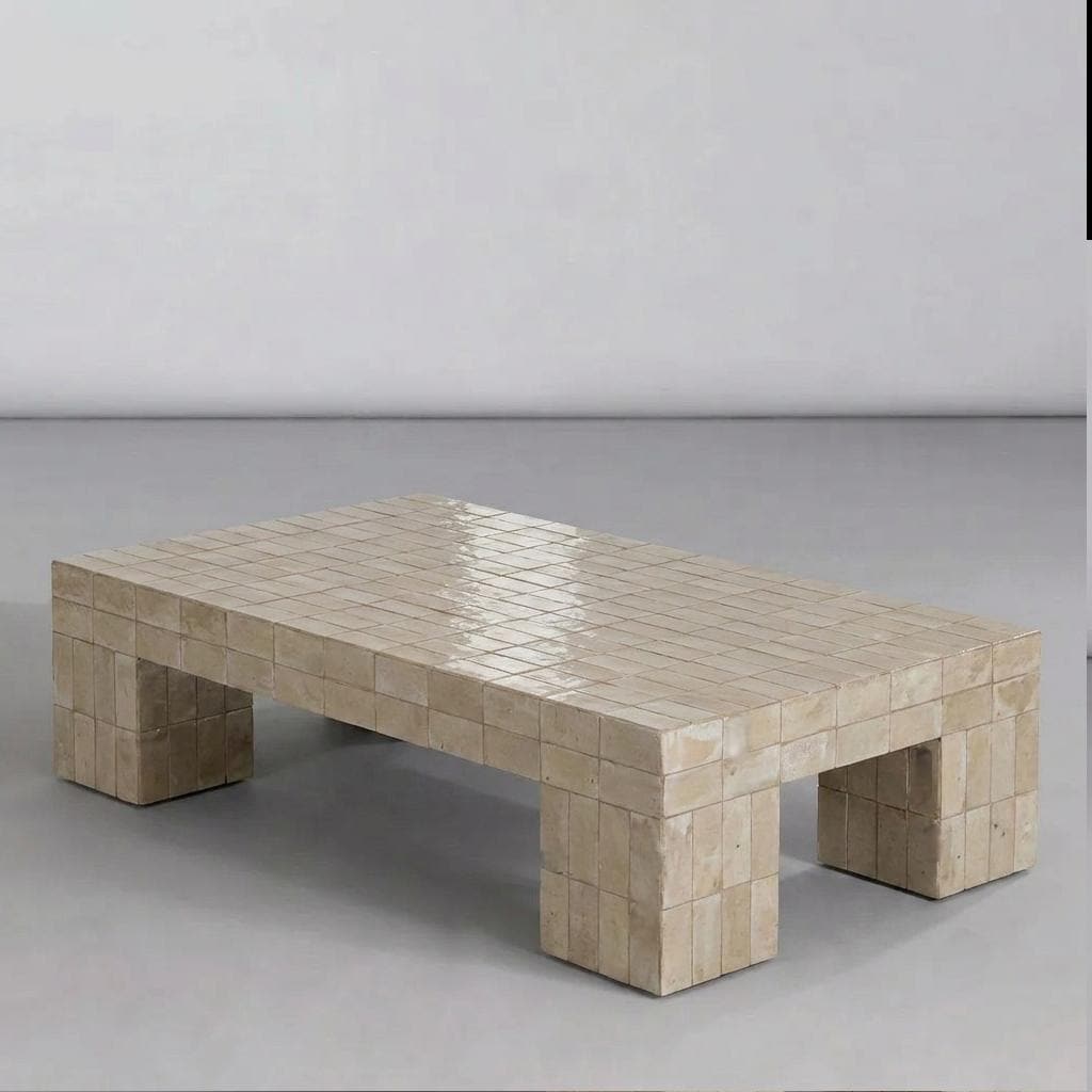 Handmade Moroccan Zellige Coffee Table | Seamless Beige Tile, Custom Size