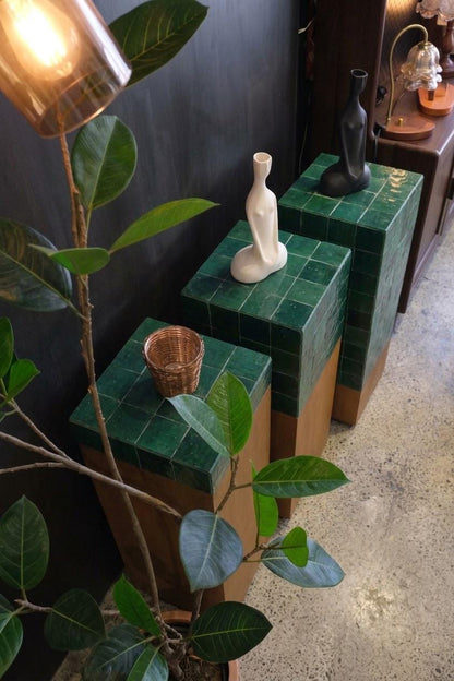 Zellige Pedestal Stands, Set of 3 | Handmade Mosaic Tile Display Columns | Moroccan Wood Base Furniture