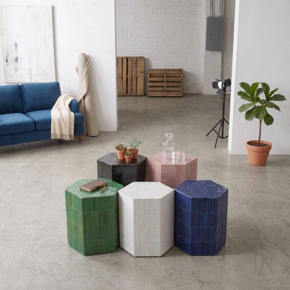 Handmade Zellige Side Table | Artisan Moroccan Mosaic Pedestal | One of a Kind Emerald Tile Furniture