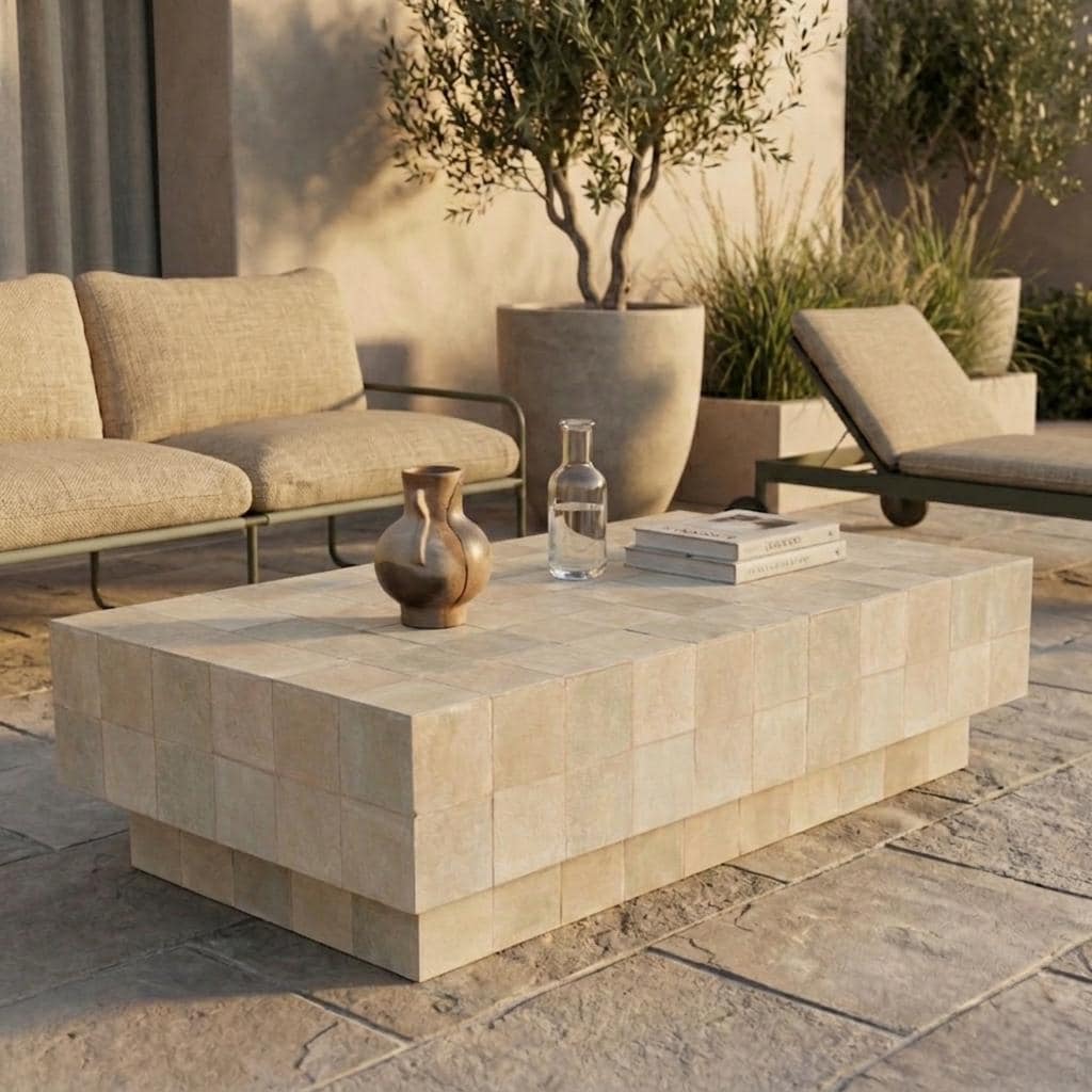 Handmade Beige Zellige Mosaic Coffee Table | Moroccan Wood Base, Custom Color