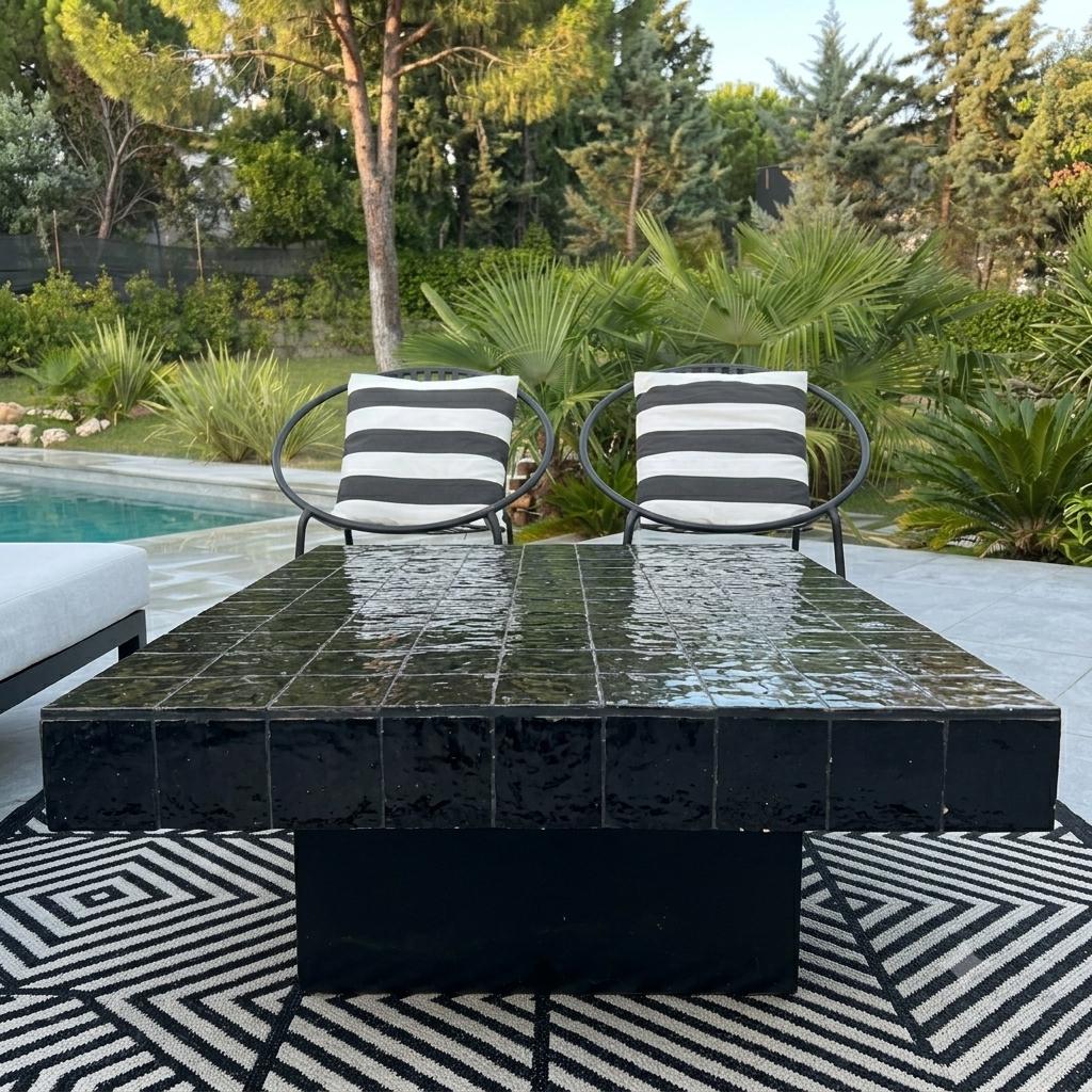 Handmade Black Zellige Coffee Table | Moroccan Mosaic Tile Top, Solid Wood Base