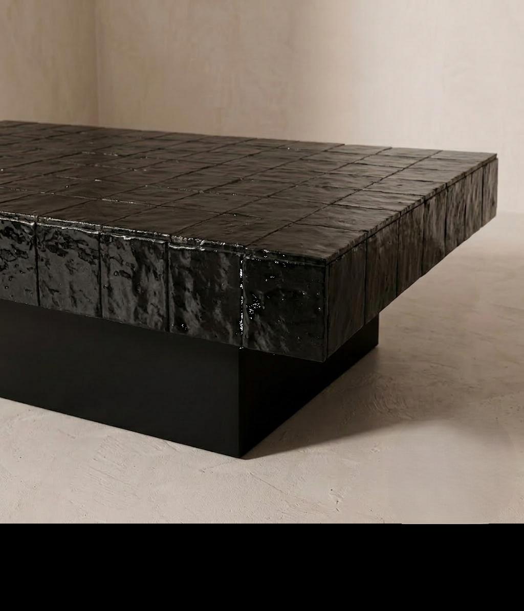 Handmade Black Zellige Coffee Table | Moroccan Mosaic Tile Top, Solid Wood Base