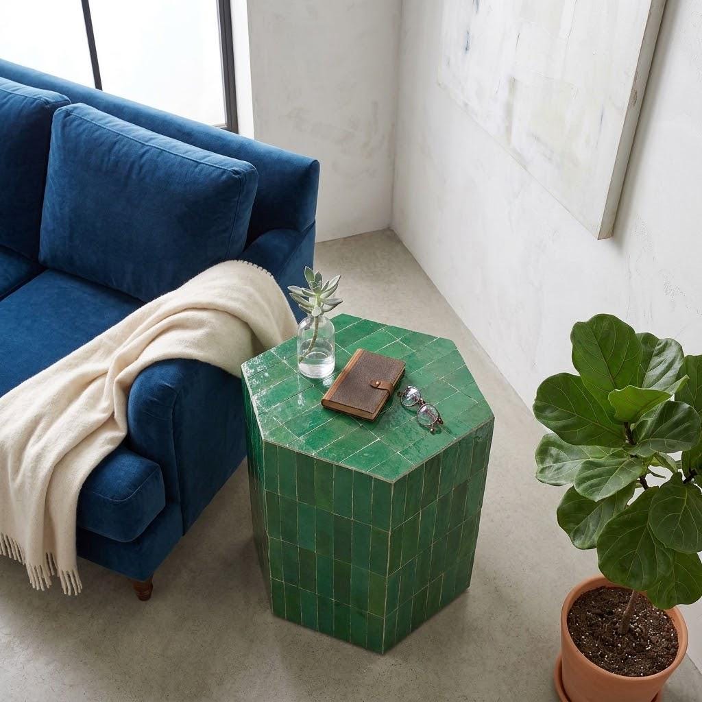 Hexagon Zellige Side Table | Moroccan Mosaic Pedestal Table | Handmade Tile Accent Table, Custom Size