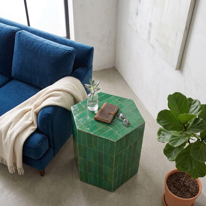Hexagon Zellige Side Table | Moroccan Mosaic Pedestal Table | Handmade Tile Accent Table, Custom Size