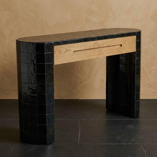 Zellige Console Table with Storage Drawer | Handmade Mosaic Tile and Wood | Entryway & Living Room Console