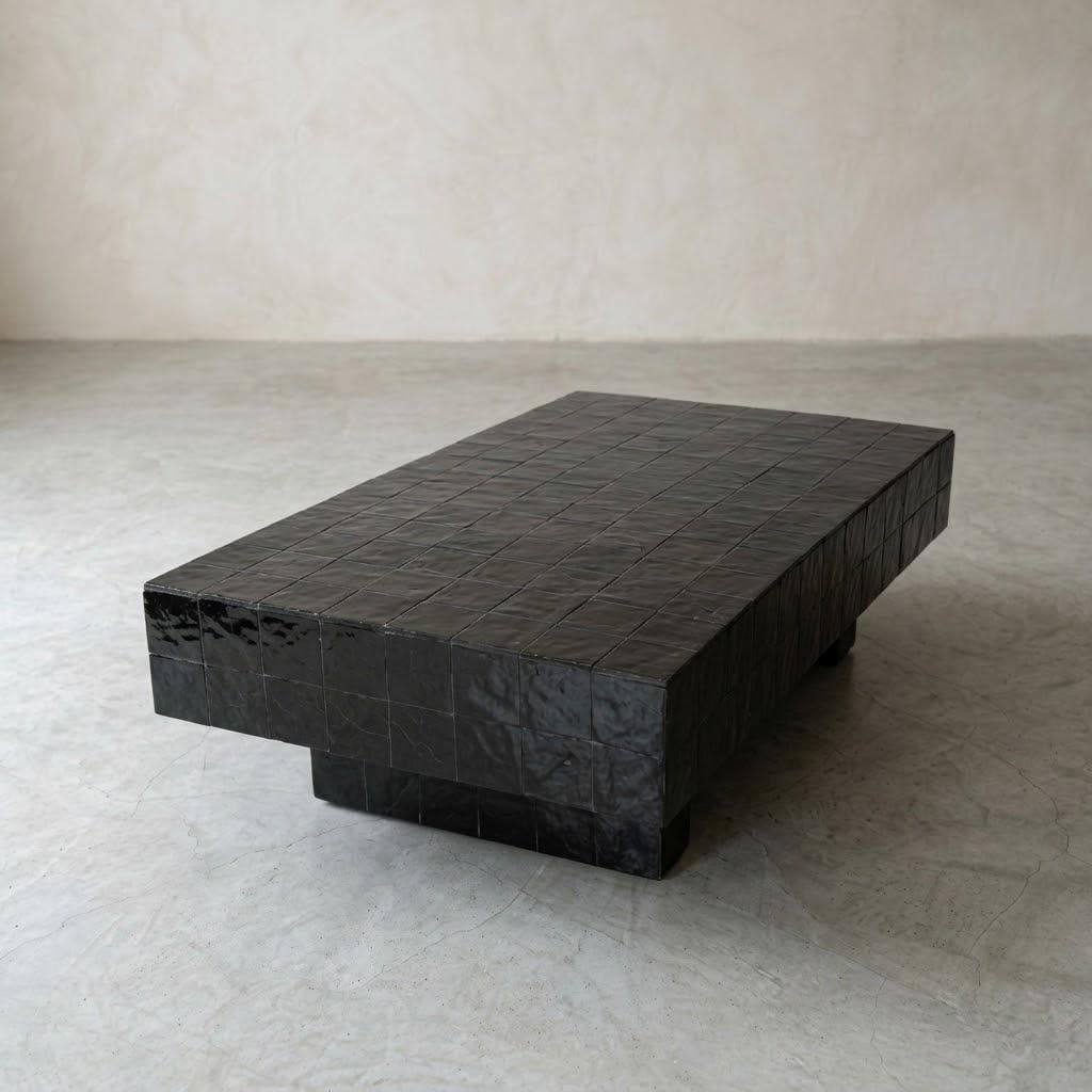 Moroccan Mosaic Coffee Table | Glossy Beige Zellige - Luxury Handmade Custom Color Table