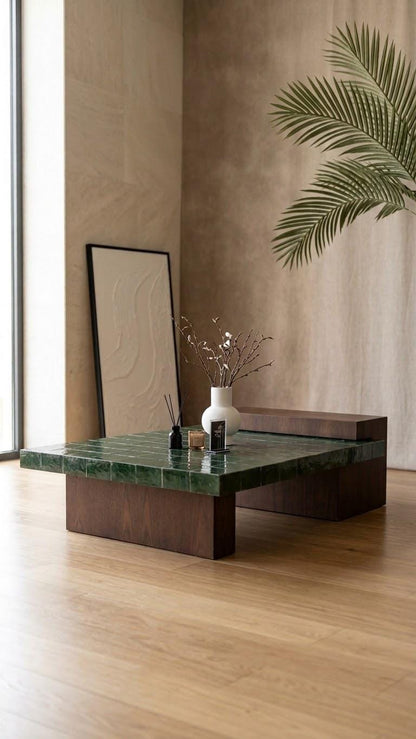 Zellige Coffee Table with Wood Base | Handmade Mosaic Tile Top, Layered Wood Block Base | Custom Color