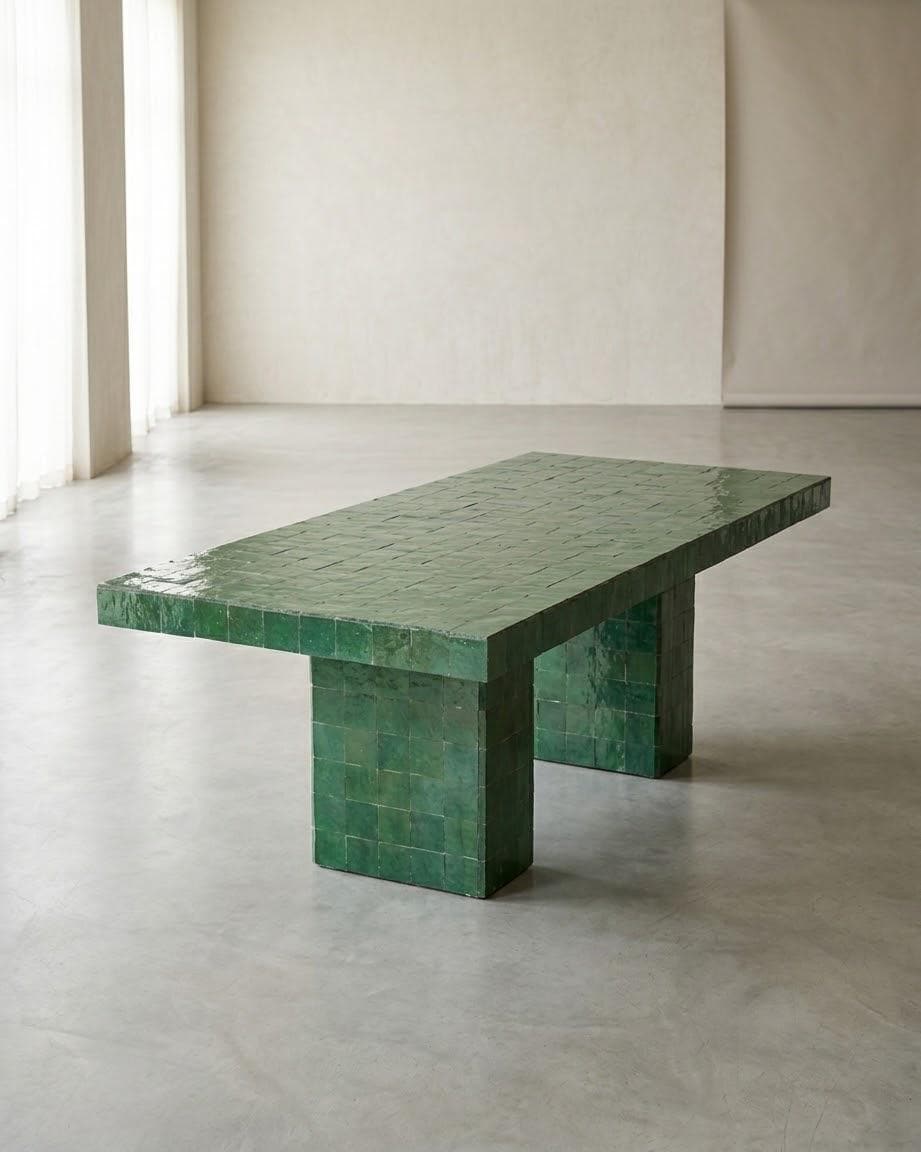 Moroccan Zellige Dining Table, Emerald Green, Handmade Mosaic Pedestal Table