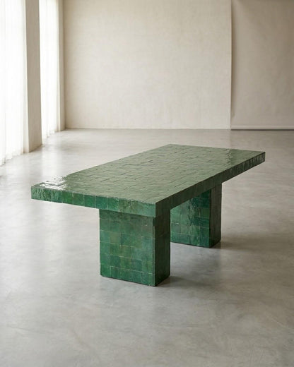 Moroccan Zellige Dining Table, Emerald Green, Handmade Mosaic Pedestal Table