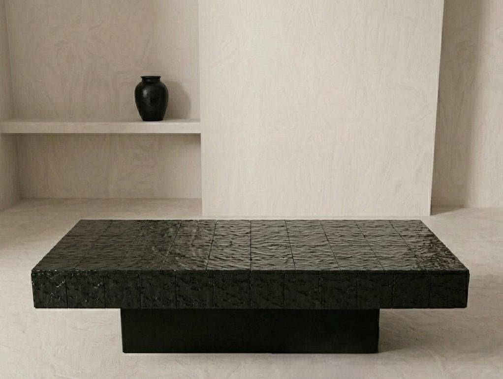 Handmade Black Zellige Coffee Table | Moroccan Mosaic Tile Top, Solid Wood Base