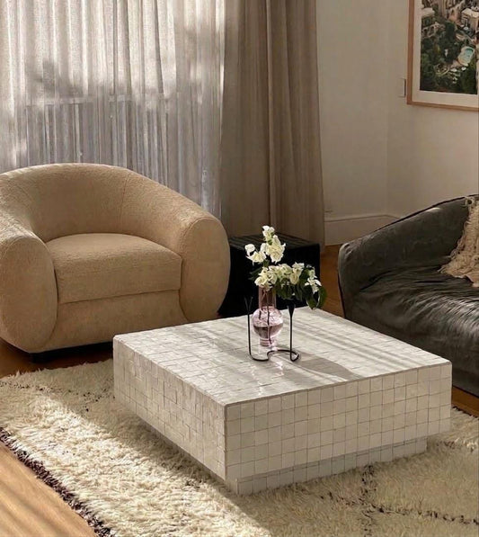 Square Mosaic Tile Coffee Table | Modern Moroccan Zellige Accent Table | Geometric Handmade Furniture