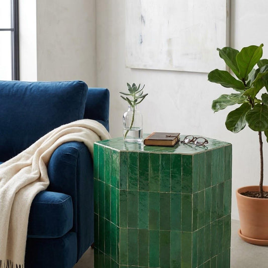 Hexagon Zellige Side Table | Moroccan Mosaic Pedestal Table | Handmade Tile Accent Table, Custom Size