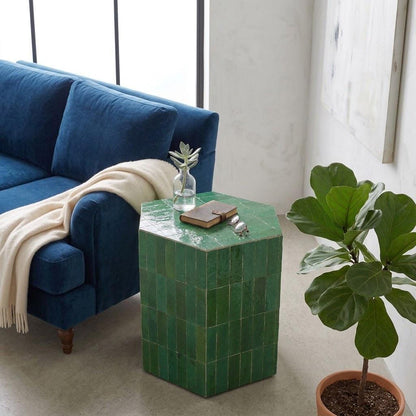 Handmade Zellige Side Table | Artisan Moroccan Mosaic Pedestal | One of a Kind Emerald Tile Furniture