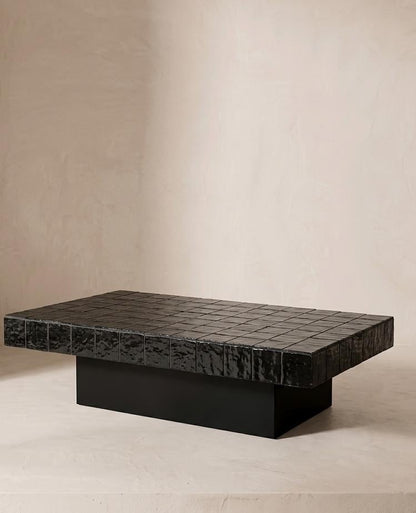 Handmade Black Zellige Coffee Table | Moroccan Mosaic Tile Top, Solid Wood Base