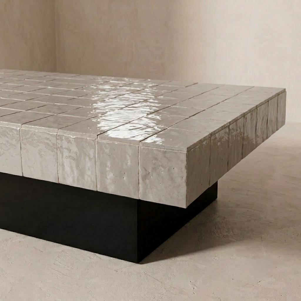 Handmade Black Zellige Coffee Table | Moroccan Mosaic Tile Top, Solid Wood Base