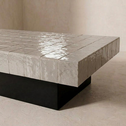 Handmade Black Zellige Coffee Table | Moroccan Mosaic Tile Top, Solid Wood Base
