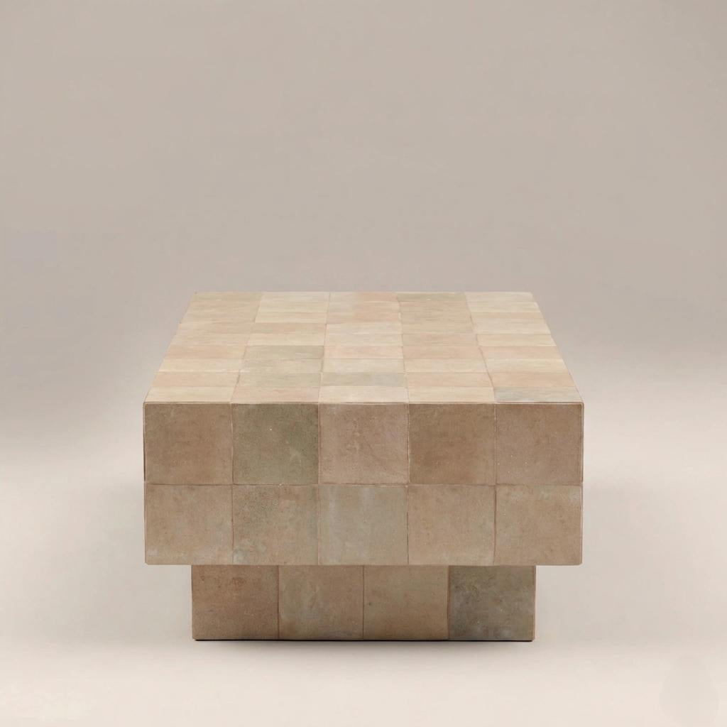 Handmade Beige Zellige Mosaic Coffee Table | Moroccan Wood Base, Custom Color