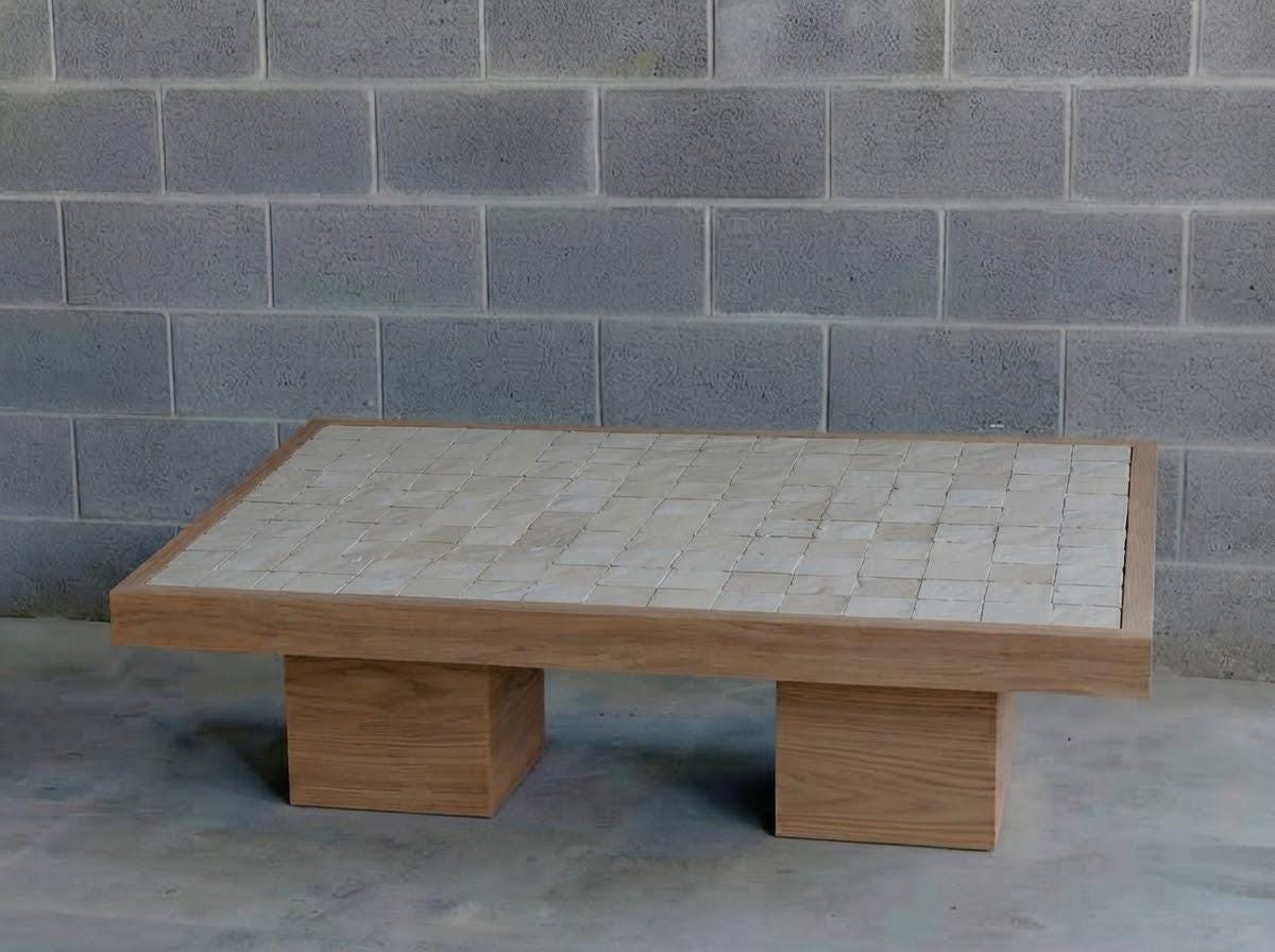 Rectangular Zellige Coffee Table | Handmade Moroccan Mosaic Tile Top | Custom Size Solid Wood Frame Base