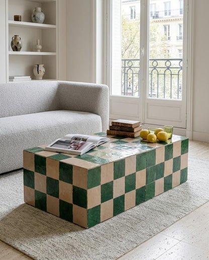 Moroccan Tiled Coffee Table | Rectangular Zellige Mosaic | Handcrafted Wood Base | Boho Living Room Decor