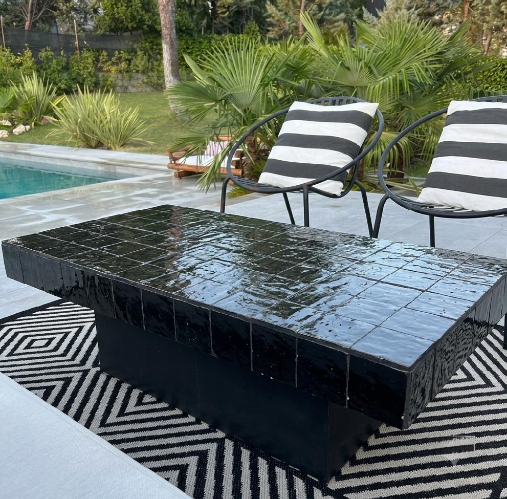 Handmade Black Zellige Coffee Table | Moroccan Mosaic Tile Top, Solid Wood Base