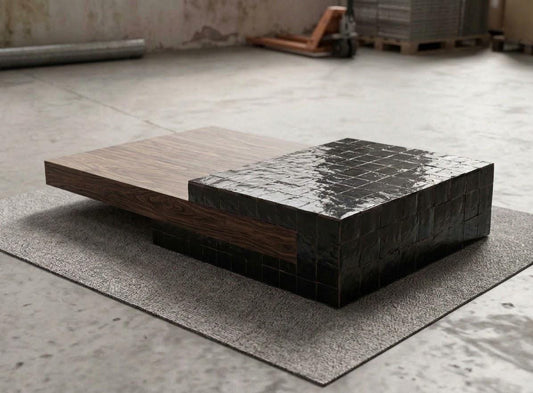 Zellige & Wood Coffee Table | Handmade Black Mosaic Tile and Walnut Wood | Split Design Modern Furniture