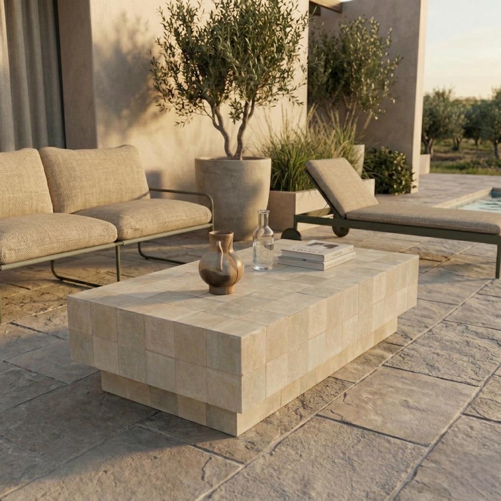 Handmade Beige Zellige Mosaic Coffee Table | Moroccan Wood Base, Custom Color
