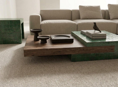 Modern Zellige Coffee Table | Walnut Wood & Black Mosaic Tile | Designer Split-Block Furniture, Custom Size