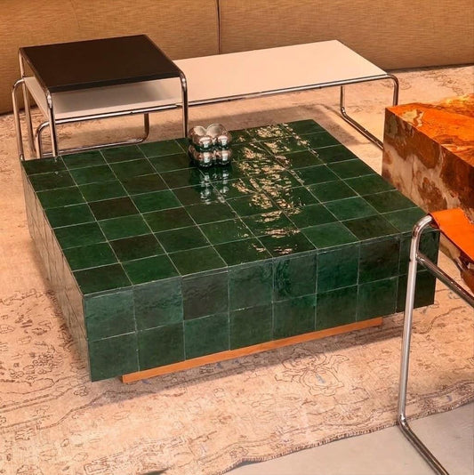 Moroccan Zellige Coffee Table Square | Handmade Mosaic Tile & Wood Base | Artisan Tile Furniture
