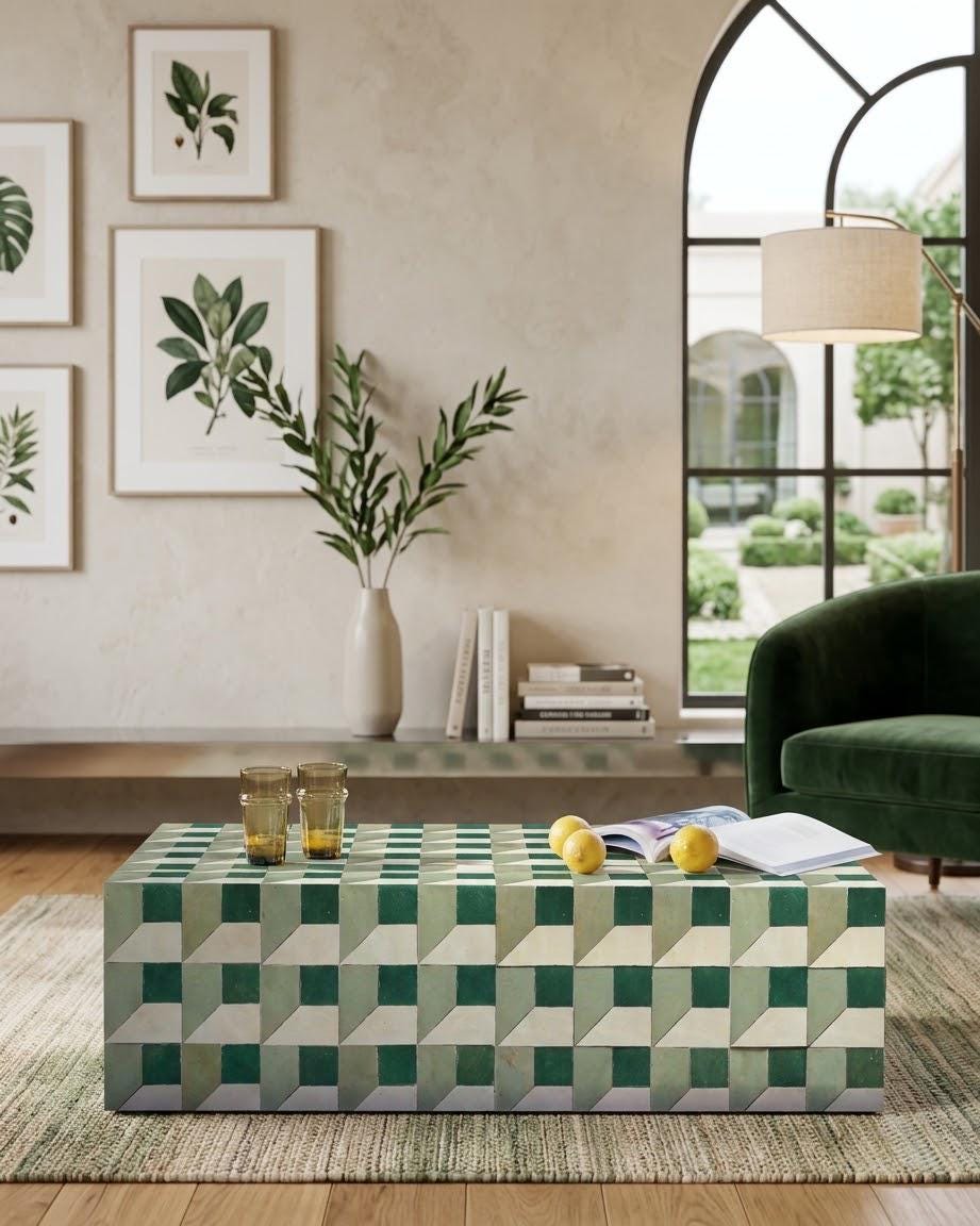 Moroccan Mosaic Tiled Coffee Table | Rectangular Zellige Design | Modern Boho Statement Piece