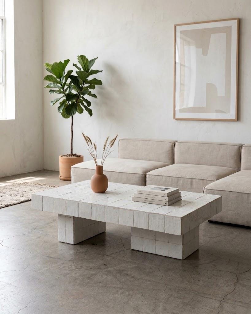 Handmade Moroccan Zellige Coffee Table: Seamless Tile Plinth, Custom Sizing