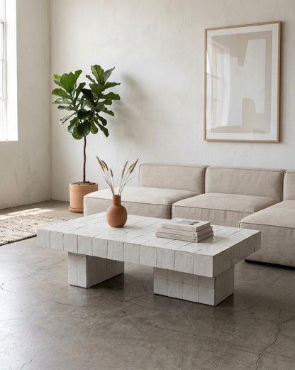Handmade Moroccan Zellige Coffee Table: Seamless Tile Plinth, Custom Sizing